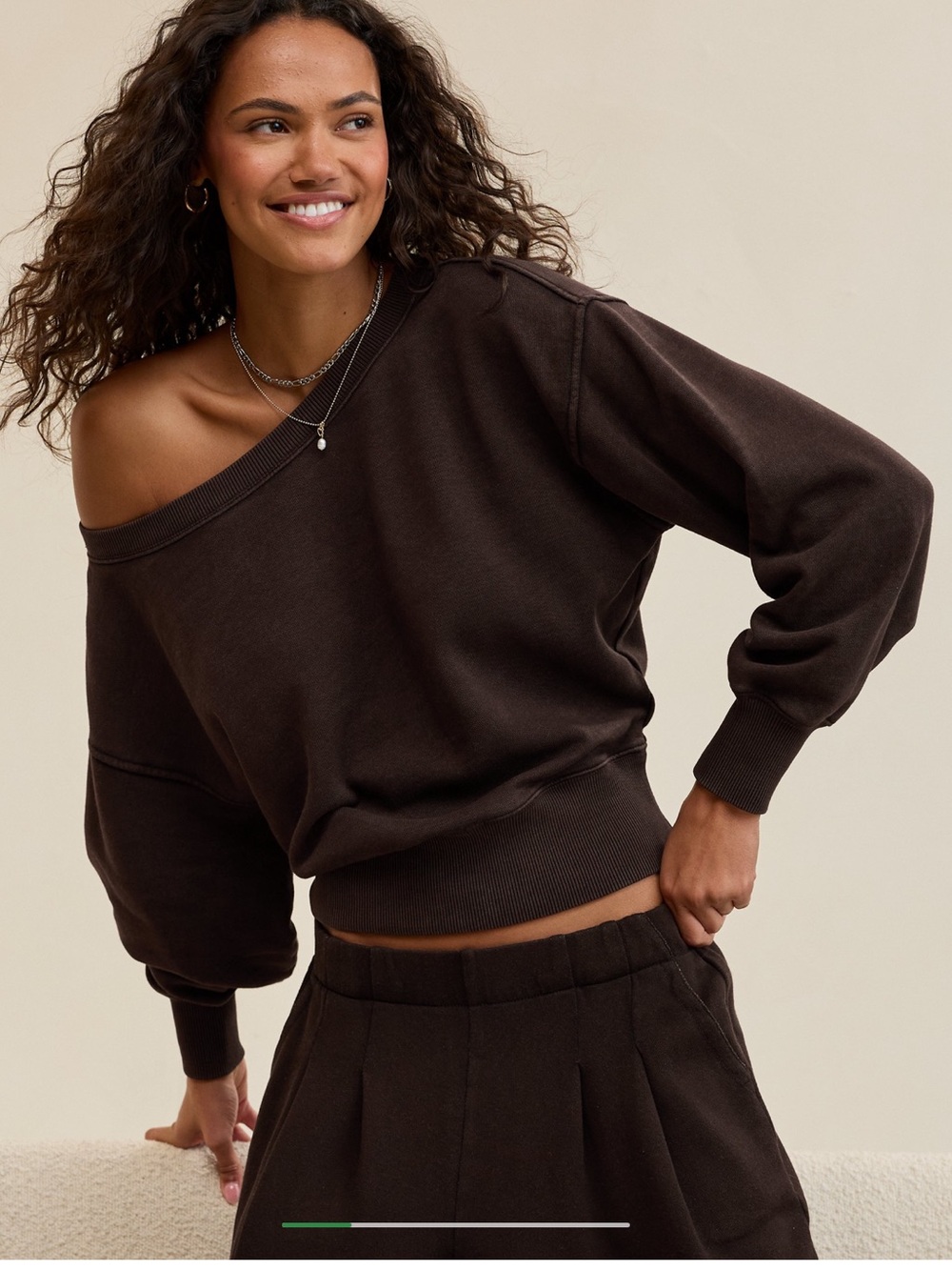 Aerie Go-To Off The Shoulder Sweatshirt Cozy Sweatshirt in Dark Brown Medium